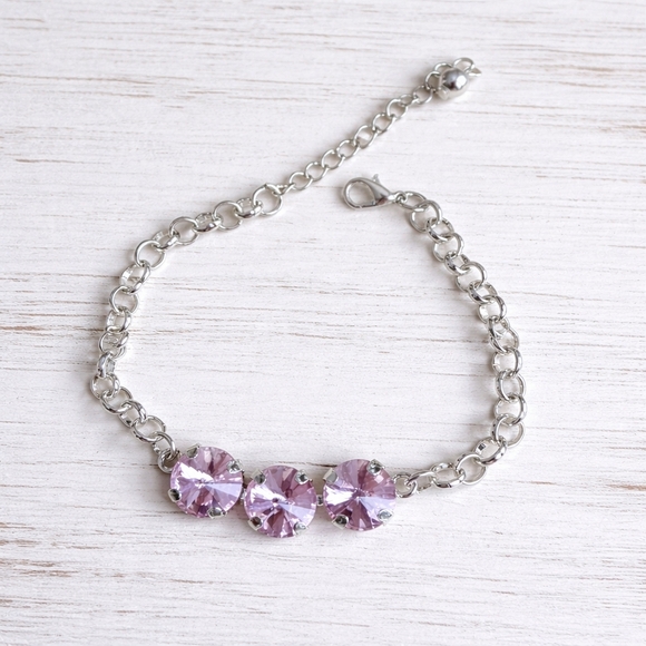 Hand Crafted Jewelry - Pink Crystals, Shiny Silver Rolo Chain Bracelet, Hand Crafted